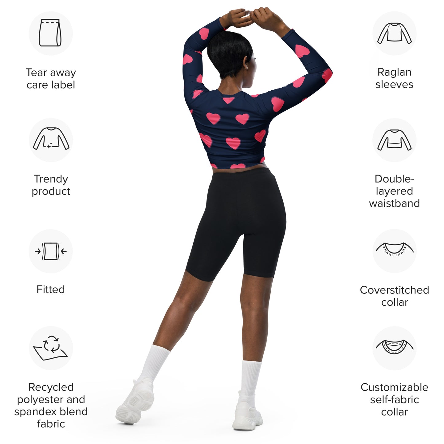 supa blue shirt pink heart Recycled long-sleeve crop top