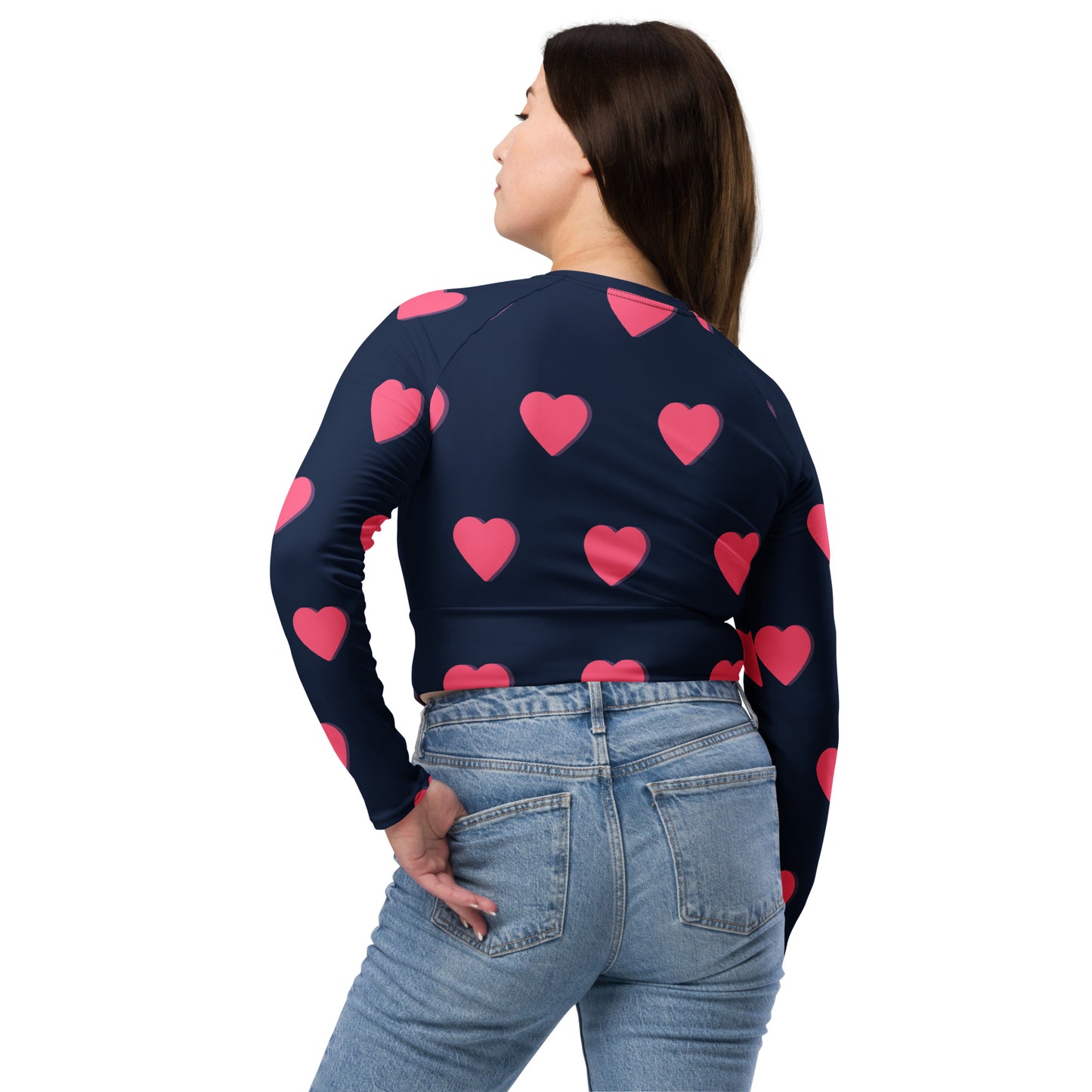 supa blue shirt pink heart Recycled long-sleeve crop top
