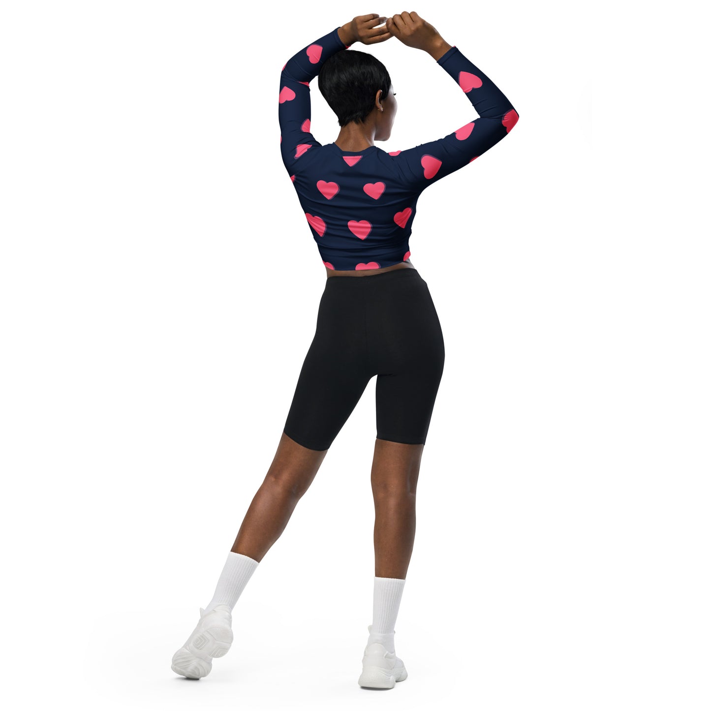 supa blue shirt pink heart Recycled long-sleeve crop top