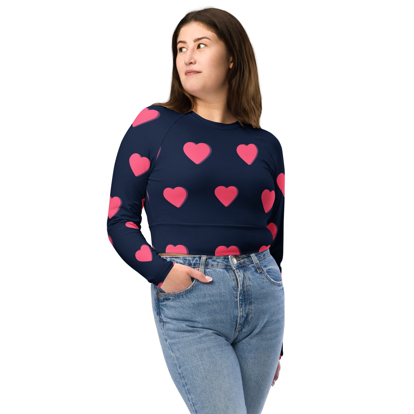 supa blue shirt pink heart Recycled long-sleeve crop top