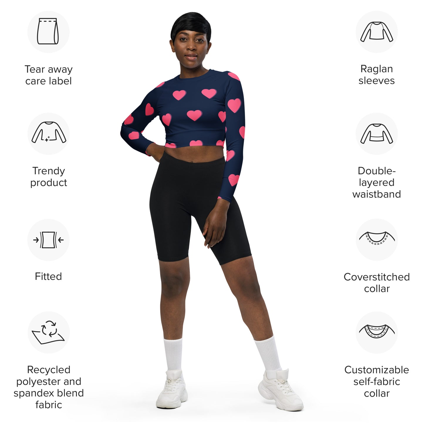 supa blue shirt pink heart Recycled long-sleeve crop top