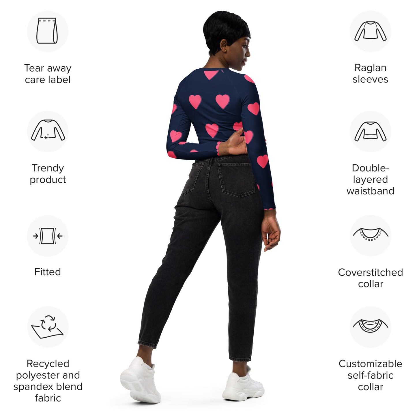 supa blue shirt pink heart Recycled long-sleeve crop top