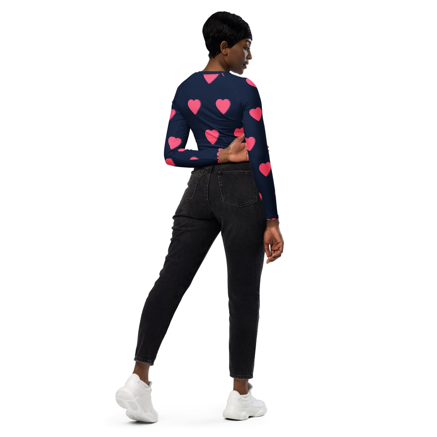 supa blue shirt pink heart Recycled long-sleeve crop top