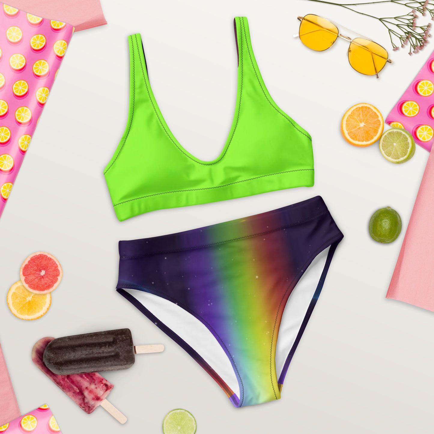supa lime rainbow Recycled high-waisted bikini