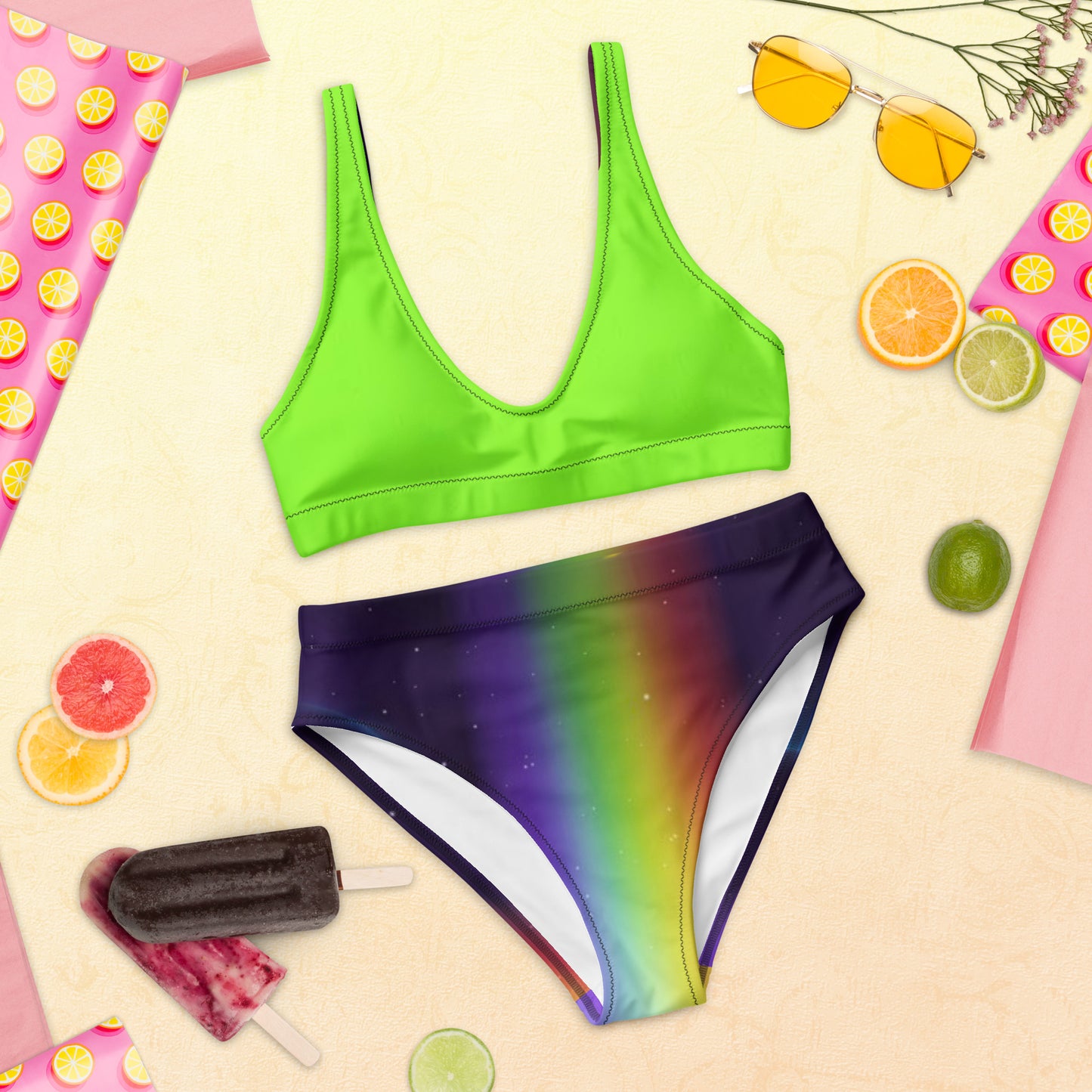 supa lime rainbow Recycled high-waisted bikini