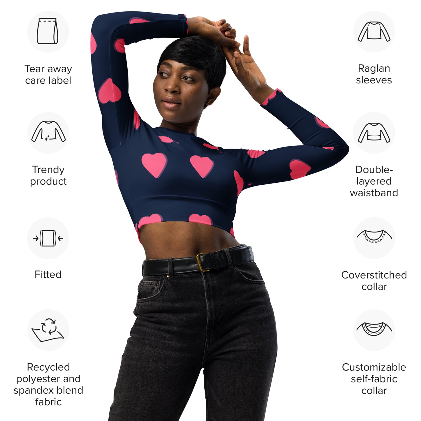 supa blue shirt pink heart Recycled long-sleeve crop top