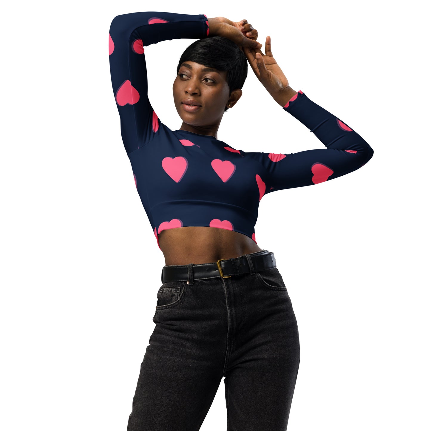 supa blue shirt pink heart Recycled long-sleeve crop top