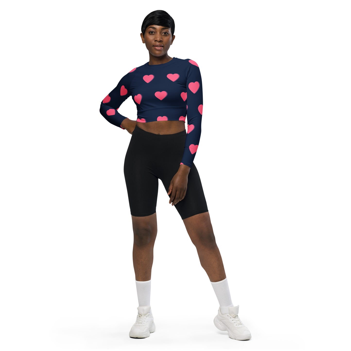 supa blue shirt pink heart Recycled long-sleeve crop top