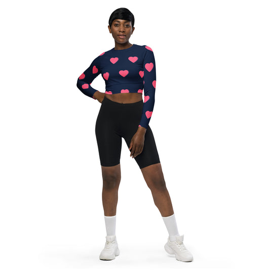 supa blue shirt pink heart Recycled long-sleeve crop top