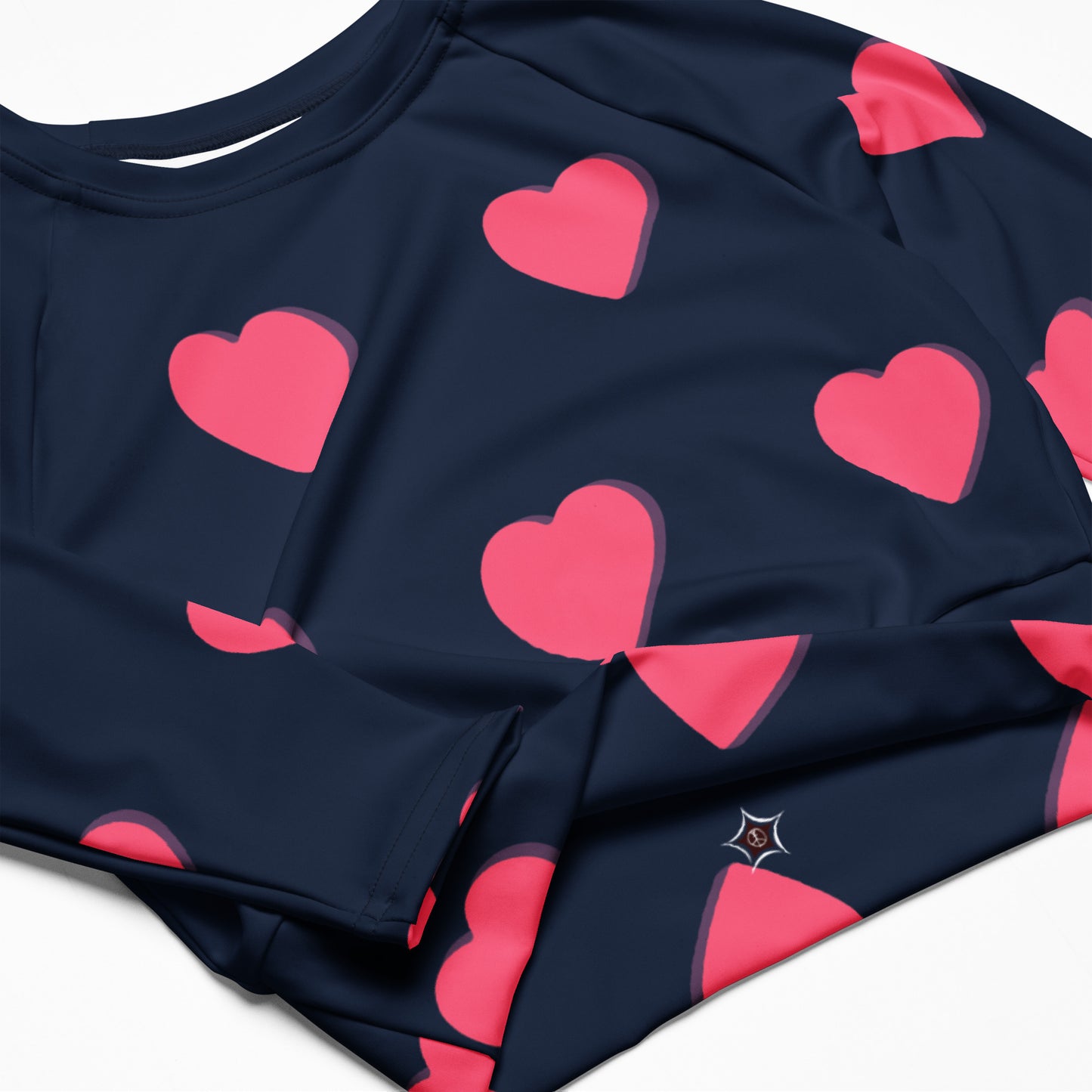 supa blue shirt pink heart Recycled long-sleeve crop top