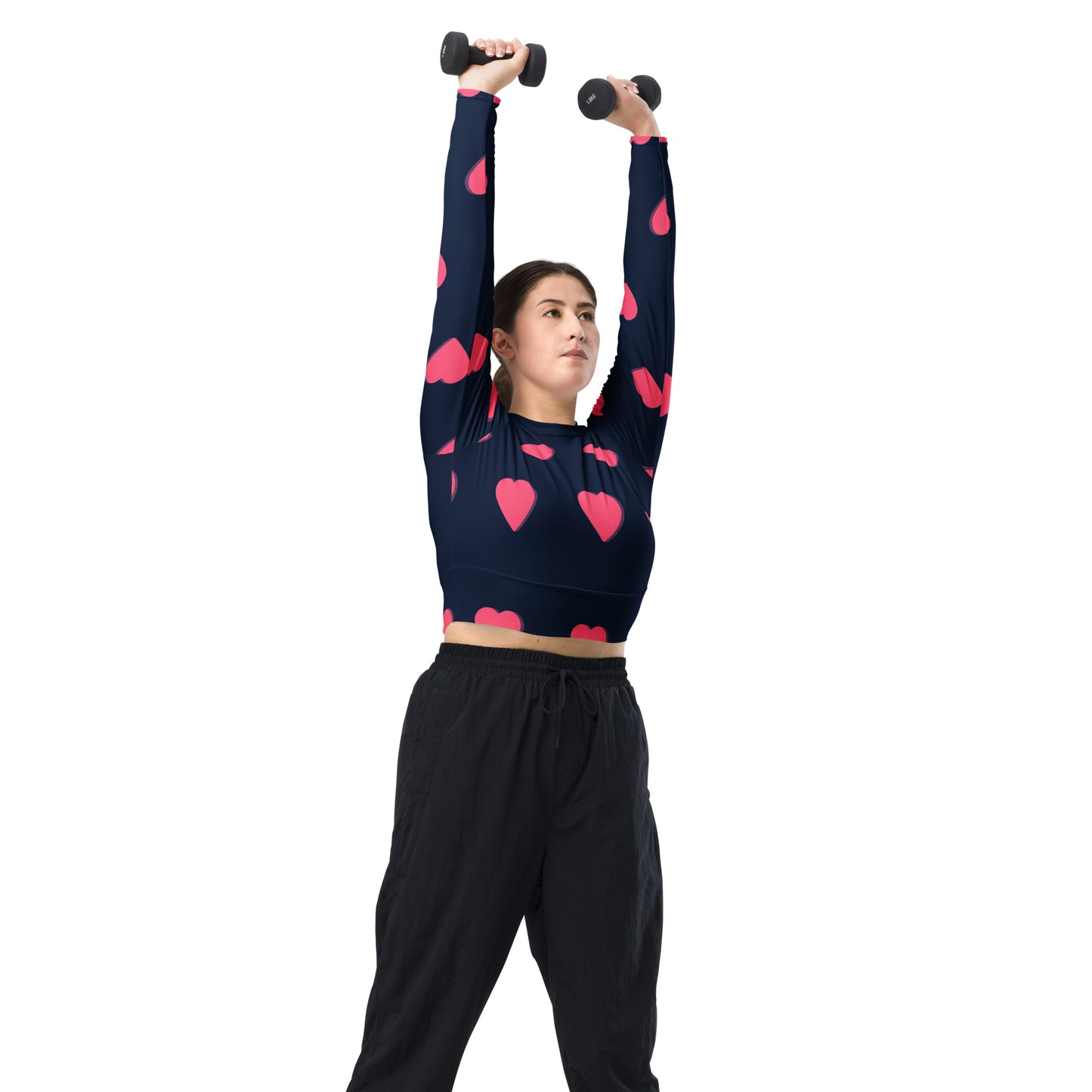 supa blue shirt pink heart Recycled long-sleeve crop top
